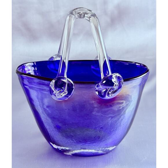Vintage Art Glass Vase Purse Cobalt Blue Bag Murano Style Hand Blown Iridescent - Picture 2 of 9
